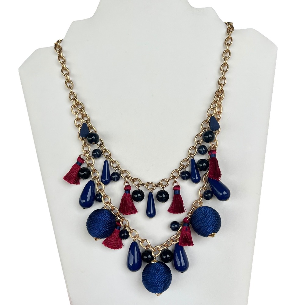 Statement‎ Necklace Gold Chain Blue Beads Tassels Costume Jewelry 17 in